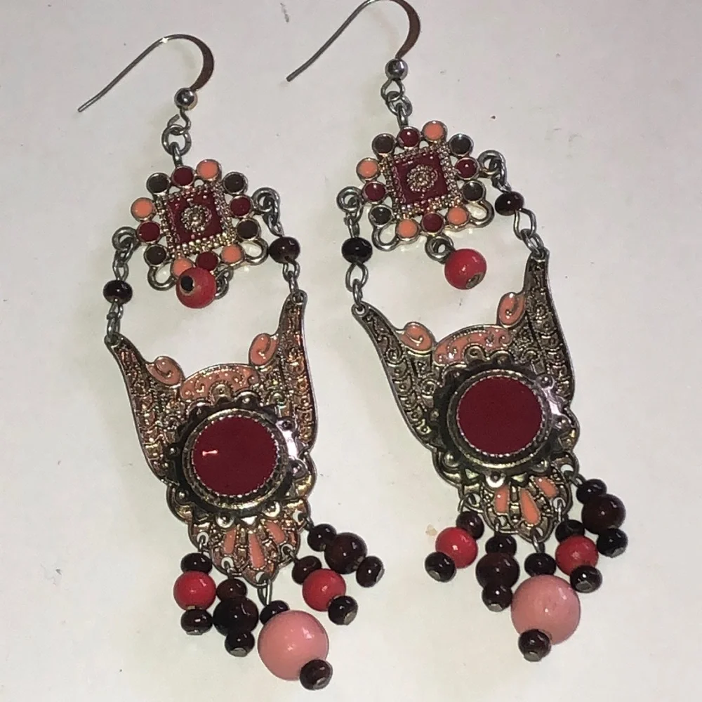 Elegant Red and Pink Beaded Boho Dangle Earrings